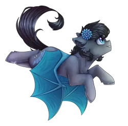 Size: 1629x1606 | Tagged: safe, artist:cloud-drawings, derpibooru import, oc, oc:seachell, unofficial characters only, bat pony, pony, female, flower, flower in hair, flying, mare, simple background, solo, transparent background