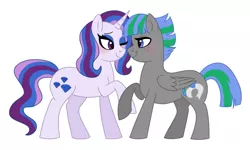 Size: 1023x612 | Tagged: safe, artist:cascayd, derpibooru import, oc, oc:radiant jewel, oc:storm strike, unofficial characters only, pegasus, pony, unicorn, female, lesbian, offspring, offspring shipping, one eye closed, parent:blossomforth, parent:fancypants, parent:rarity, parent:thunderlane, parents:blossomlane, parents:raripants, shipping