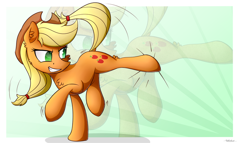 Size: 2000x1200 | Tagged: applejack, artist:sentireaeris, bucking, chest fluff, derpibooru import, ear fluff, kicking, looking back, safe, simple background, zoom layer