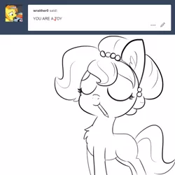 Size: 1650x1650 | Tagged: safe, artist:tjpones, derpibooru import, oc, oc:brownie bun, unofficial characters only, earth pony, pony, horse wife, ask, breaking the fourth wall, chest fluff, correction, ear fluff, eyes closed, grayscale, misspelling, monochrome, mouth hold, pencil, simple background, solo, toy story, tumblr, white background