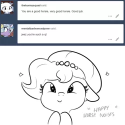 Size: 1650x1650 | Tagged: safe, artist:tjpones, derpibooru import, oc, oc:brownie bun, unofficial characters only, earth pony, pony, horse wife, ask, descriptive noise, floppy ears, grayscale, happy, horse noises, looking at you, monochrome, simple background, solo, sparkles, tumblr, white background