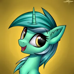 Size: 3000x3000 | Tagged: safe, artist:setharu, derpibooru import, lyra heartstrings, pony, unicorn, bust, chest fluff, ear fluff, eyebrows, female, gradient background, mare, open mouth, portrait, signature, smiling, solo