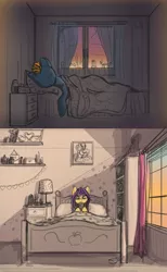 Size: 1610x2611 | Tagged: artist:lunebat, bed, bedroom, clock, colt, comic, comic:clockwise, dawn, derpibooru import, female, furniture, laying on bed, male, mare, morning, morning ponies, phone, safe, sunrise, window