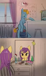 Size: 1610x2611 | Tagged: artist:lunebat, clock, colt, comic, comic:clockwise, derpibooru import, female, furniture, kitchen, male, mare, morning, safe, sticky note, tardy, television, window