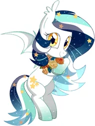 Size: 602x791 | Tagged: safe, artist:owlity, derpibooru import, oc, oc:wistful galaxy, unofficial characters only, bat pony, female, flower, looking at you, mare