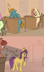 Size: 1610x2611 | Tagged: artist:lunebat, chalkboard, classroom, clock, colt, comic, comic:clockwise, derpibooru import, female, furniture, holding, male, mare, reading, safe, sleeping, sleeping in class, table, university, writing, zzz