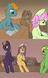 Size: 1610x2611 | Tagged: artist:lunebat, classroom, colt, comic, comic:clockwise, derpibooru import, drinking, female, furniture, male, mare, safe, table, tardy, university, writing