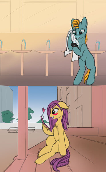 Size: 1610x2611 | Tagged: artist:lunebat, blushing, colt, comic, comic:clockwise, derpibooru import, female, love, male, mare, mirror, phone, safe, sitting, staircase, stairs, university