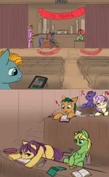 Size: 1610x2611 | Tagged: artist:lunebat, bored, classroom, colt, comic, comic:clockwise, derpibooru import, eyes on the prize, female, furniture, lecture, male, mare, musical instrument, phone, repetition, safe, table, university