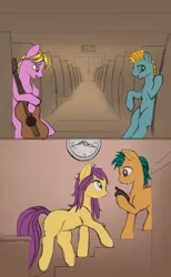 Size: 1610x2611 | Tagged: artist:lunebat, classroom, clock, colt, comic, comic:clockwise, derpibooru import, female, furniture, male, mare, musical instrument, phone, safe, sitting, table, university