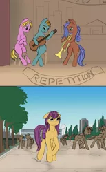 Size: 1610x2611 | Tagged: artist:lunebat, colt, comic, comic:clockwise, derpibooru import, female, male, mare, musical instrument, safe, sitting, tired, trumpet, university