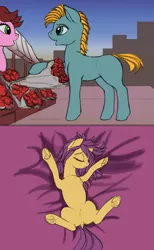 Size: 1610x2611 | Tagged: artist:lunebat, buying, colt, comic, comic:clockwise, derpibooru import, female, flower, laying on bed, lying, male, mare, on back, safe