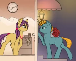 Size: 1610x1298 | Tagged: artist:lunebat, clock, colt, comic, comic:clockwise, derpibooru import, door, evening, female, flower, furniture, lamp, love, loving gaze, male, mare, note, safe, stairs