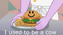 Size: 1920x1080 | Tagged: safe, derpibooru import, edit, edited screencap, screencap, coinky-dink world, eqg summertime shorts, equestria girls, apron, asdfmovie, burger, cheeseburger, clothes, diner uniform, discovery family logo, food, french fries, greasy joe, hamburger, image macro, male, meat, meme, plate, tomska