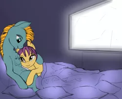 Size: 1610x1298 | Tagged: artist:lunebat, colt, comic, comic:clockwise, couple, derpibooru import, female, furniture, hug, love, loving gaze, lying, male, mare, pillow, safe, snuggling, television