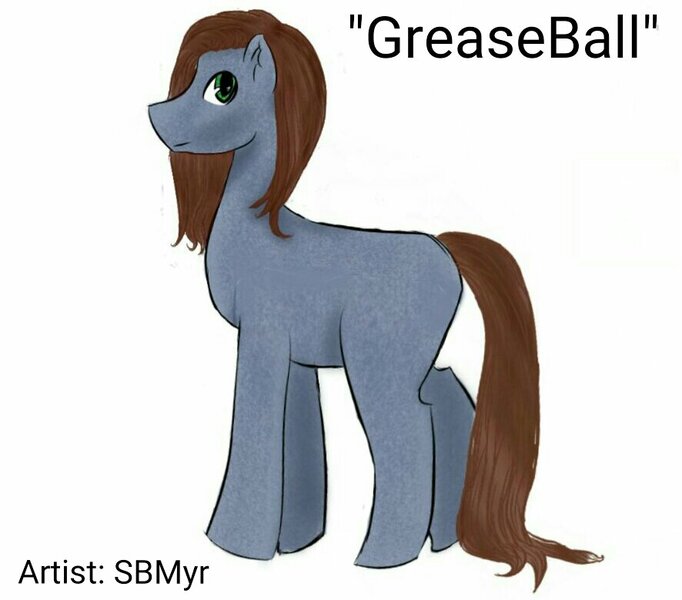 Size: 886x780 | Tagged: artist:sbmyr, brown mane, brown tail, dark grey coat, derpibooru import, gelding, green eyes, long mane, long tail, looking back, male, oc, oc:greaseball, safe, simple, simple background, solo, standing, unofficial characters only, white background