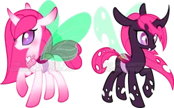 Size: 900x563 | Tagged: safe, artist:sakuyamon, derpibooru import, oc, unofficial characters only, changedling, changeling, adoptable, duality, pink, pink changeling, simple background, transparent background, watermark