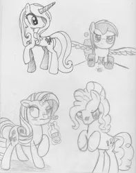 Size: 1275x1621 | Tagged: safe, artist:midwestbrony, derpibooru import, fleur-de-lis, pinkie pie, rarity, oc, oc:wheely bopper, original species, pony, alcohol, glowing horn, magic, monochrome, telekinesis, traditional art