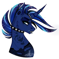 Size: 726x726 | Tagged: safe, artist:shimmering--sunlight, derpibooru import, princess luna, alicorn, pony, alternate hairstyle, bust, cheek fluff, choker, clothes, ear fluff, eyebrow piercing, female, frown, horn, horn ring, lip piercing, makeup, mare, piercing, portrait, profile, punk, signature, simple background, solo, spiked choker, tattoo, torn clothes, transparent background