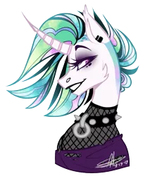 Size: 585x711 | Tagged: safe, artist:shimmering--sunlight, derpibooru import, princess celestia, alicorn, pony, alternate hairstyle, black lipstick, cheek fluff, choker, clothes, curved horn, ear fluff, ear piercing, eyeliner, female, grin, lipstick, makeup, mare, piercing, profile, punk, punklestia, signature, simple background, smiling, solo, spiked choker, torn clothes, transparent background
