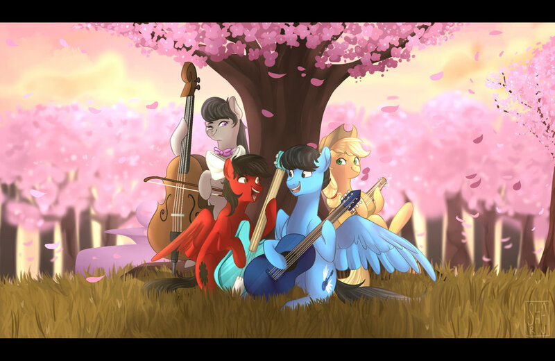 Size: 1024x666 | Tagged: safe, artist:slasharu, derpibooru import, applejack, octavia melody, oc, oc:star spicer, oc:strumbeat strings, pegasus, pony, cherry blossoms, female, flower, flower blossom, guitar, mare, tree