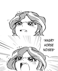 Size: 835x1024 | Tagged: safe, artist:nayaasebeleguii, derpibooru import, sunset shimmer, equestria girls, angry horse noises, cropped, cute, cute little fangs, descriptive noise, fangs, horse noises, humans doing horse things, manga, meme, monochrome, shimmerbetes, touhou