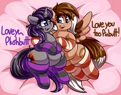 Size: 2985x2329 | Tagged: safe, artist:graphenescloset, derpibooru import, oc, oc:cinnamon toast, oc:magna-save, unofficial characters only, original species, pegasus, plush pony, unicorn, adorafatty, chubby, clothes, cuddling, cute, fat, female, happy, hug, lesbian, mare, nickname, oc x oc, plump, shipping, smiling, socks, spread wings, striped socks, wings