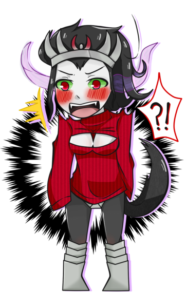 Size: 641x1062 | Tagged: artist:merror-u, breasts, cleavage, clothes, derpibooru import, exclamation point, interrobang, oc, oc:salai, offspring, open-chest sweater, parent:king sombra, question mark, satyr, simple background, sombra eyes, suggestive, sweater, transparent background, unofficial characters only