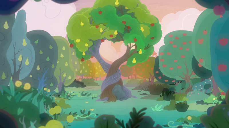 Size: 1920x1080 | Tagged: safe, derpibooru import, edit, edited screencap, screencap, the perfect pear, apple tree, background, intertwined trees, no pony, pear tree, scenery, scenery porn, sundown, tree