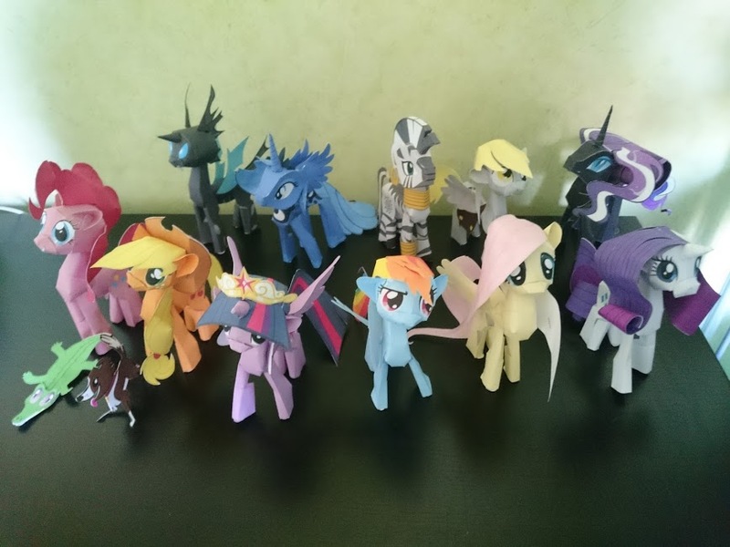 Size: 868x651 | Tagged: safe, artist:ninjaspirit7, derpibooru import, applejack, derpy hooves, fluttershy, gummy, nightmare rarity, pinkie pie, princess luna, rainbow dash, rarity, twilight sparkle, twilight sparkle (alicorn), winona, zecora, alicorn, alligator, changeling, dog, earth pony, pegasus, pony, unicorn, zebra, craft, irl, mane six, papercraft, photo