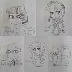 Size: 480x480 | Tagged: safe, artist:ehgns6807, derpibooru import, fluttershy, rainbow dash, twilight sparkle, twilight sparkle (alicorn), alicorn, equestria girls, finn the human, jake the dog, monochrome, moon jae in, traditional art