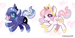 Size: 1000x505 | Tagged: safe, artist:jannel300, derpibooru import, princess celestia, princess luna, alicorn, pony, cewestia, cute, cutelestia, female, filly, filly celestia, filly luna, heart, heart eyes, jewelry, looking at you, lunabetes, regalia, s1 luna, simple background, smiling, white background, wingding eyes, woona, younger