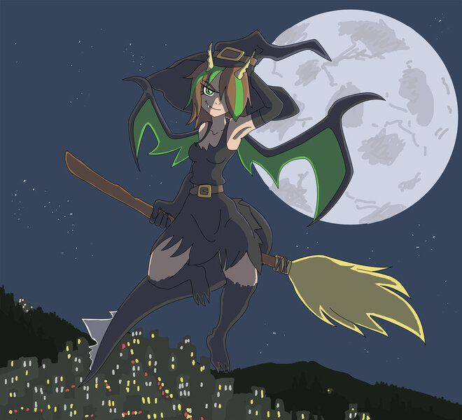 Size: 900x818 | Tagged: artist:buzzbucket, broom, city, clothes, derpibooru import, evening gloves, flying, flying broomstick, full moon, gloves, hair over one eye, long gloves, looking at you, moon, night, night sky, oc, oc:blare, offspring, parent:baff, safe, satyr, sky, smiling, smirk, solo, stars, unofficial characters only, witch