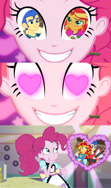 Size: 1280x2160 | Tagged: safe, artist:alphamonouryuuken, derpibooru import, edit, edited screencap, screencap, flash sentry, pinkie pie, sunset shimmer, coinky-dink world, eqg summertime shorts, equestria girls, exploitable meme, female, flashimmer, heart eyes, male, meme, pinkie eyes, pinkie the shipper, pinkie's eyes, shipper on deck, shipper pie, shipping, straight, wingding eyes