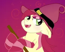 Size: 1000x800 | Tagged: safe, artist:kiwiscribbles, derpibooru import, roseluck, broom, clothes, fangs, flying, flying broomstick, halloween, hat, heart eyes, holiday, socks, striped socks, wingding eyes, witch, witch hat