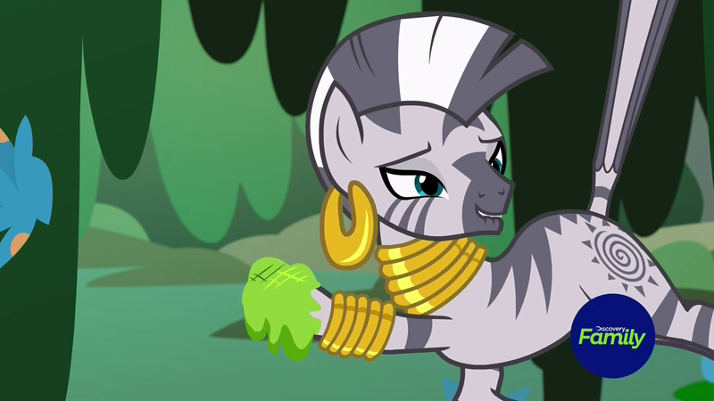 Size: 1920x1080 | Tagged: safe, derpibooru import, screencap, zecora, zebra, a health of information, balancing, bracelet, criss cross moss, ear piercing, earring, female, image, jewelry, lidded eyes, lip bite, looking back, mare, moss, necklace, out of context, piercing, png, raised hoof, raised leg, raised tail, smiling, solo, strategically covered, swamp fever plant, tail, tail pull