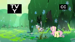 Size: 1920x1080 | Tagged: safe, derpibooru import, screencap, fluttershy, zecora, pegasus, pony, zebra, a health of information, criss cross moss, everfree forest, hanging, prehensile tail, swamp, swamp fever plant, tail, tail pull, tv-y