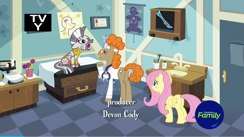 Size: 1920x1080 | Tagged: safe, derpibooru import, screencap, doctor muffin top, fluttershy, zecora, earth pony, pegasus, pony, zebra, a health of information, clothes, cute, discovery family logo, examining table, open mouth, swamp fever, tv-y, x-ray, x-ray picture, zecorable