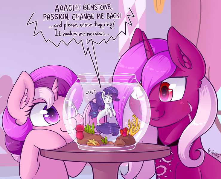 Size: 4212x3421 | Tagged: safe, artist:dsp2003, derpibooru import, rarity, oc, oc:burning passion, oc:gemstone, pony, seapony (g4), unicorn, my little pony: the movie, blushing, colt, comic, ear fluff, female, filly, fishbowl, male, marshmelodrama, micro, rarifish, seaponified, seapony rarity, single panel, species swap, transformation