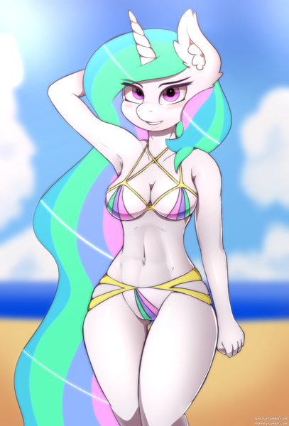 Size: 3000x4424 | Tagged: suggestive, artist:n0nnny, artist:zyncrus, derpibooru import, princess celestia, alicorn, anthro, pony, adorasexy, arm behind head, armpits, beach, beach babe, bikini, bikini babe, blushing, breasts, busty princess celestia, cleavage, clothes, cloud, collaboration, curvy, cute, cutelestia, day, ear fluff, female, long mane, mare, multi-strap swimsuit, multicolored mane, ocean, praise the sun, purple eyes, royalty, sand, seductive pose, sexy, sky, smiling, solo, solo female, striped swimsuit, stupid sexy celestia, swimsuit, teeth, thighs, tricolor swimsuit, water, white swimsuit, wide hips, yellow swimsuit