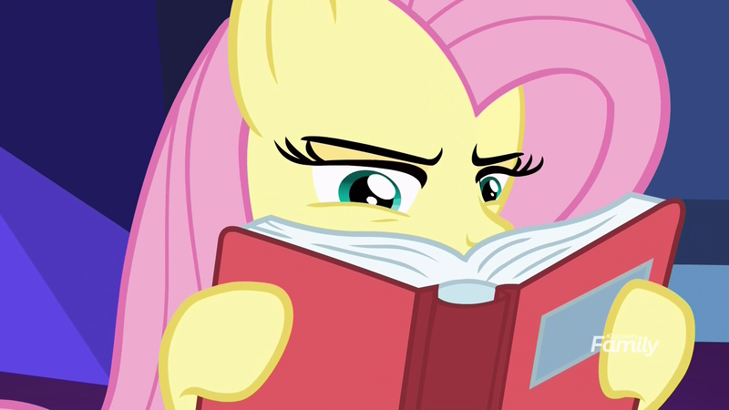 Size: 1920x1080 | Tagged: safe, derpibooru import, screencap, fluttershy, pegasus, pony, a health of information, book, discovery family logo, female, hoof hold, image, mare, png, reading, solo, squint, what the fuck am i reading