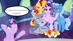 Size: 1024x585 | Tagged: safe, artist:kingkero, derpibooru import, maud pie, starlight glimmer, sunburst, sunset shimmer, trixie, twilight sparkle, alicorn, earth pony, pony, unicorn, bisexual, blushing, counterparts, dialogue, don't take it seriously, eyes closed, female, femdom, friends with benefits, glasses, grammar error, harem, lesbian, male, mare, misspelling, polyamory, quote, raised hoof, sad, seductive, shimmerglimmer, shipping, sitting, speech bubble, stallion, standing, starburst, starlight glimmer gets all the mares, starlight glimmer gets all the stallions, starmaud, startrix, straight, sunburst abuse, talking, trampling, twilight's castle, twilight's counterparts, watermark