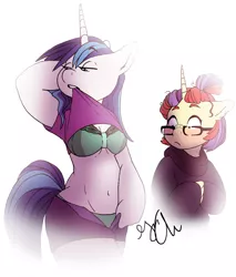 Size: 1024x1201 | Tagged: anthro, artist:shellielle, belly button, blushing, bra, breasts, busty gleaming shield, clothes, commission, commissioner:alkonium, derpibooru import, female, glasses, gleaming shield, half r63 shipping, lesbian, moondancer, panties, rule 63, shining armor, shipping, shirt, shirt lift, stare, suggestive, sweater, underwear, unzipped pants