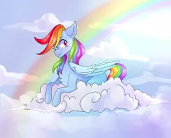 Size: 5921x4752 | Tagged: safe, artist:emily-826, derpibooru import, rainbow dash, pegasus, pony, absurd resolution, chest fluff, cloud, cloudy, female, mare, prone, rainbow, smiling, solo, wavy mouth