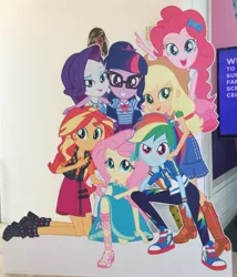 Size: 2297x2689 | Tagged: safe, derpibooru import, official, applejack, fluttershy, pinkie pie, rainbow dash, rarity, sci-twi, sunset shimmer, twilight sparkle, equestria girls, equestria girls series, cardboard cutout, cardboard twilight, clothes, converse, cowboy hat, cute, dress, freckles, geode of empathy, geode of fauna, geode of shielding, geode of super speed, geode of super strength, geode of telekinesis, glasses, group hug, group photo, hat, hug, humane five, humane seven, humane six, irl, looking at you, magical geodes, mane six, new looks, new outfit, open mouth, pants, photo, ponytail, shoes, skirt, smiling, stetson, toes