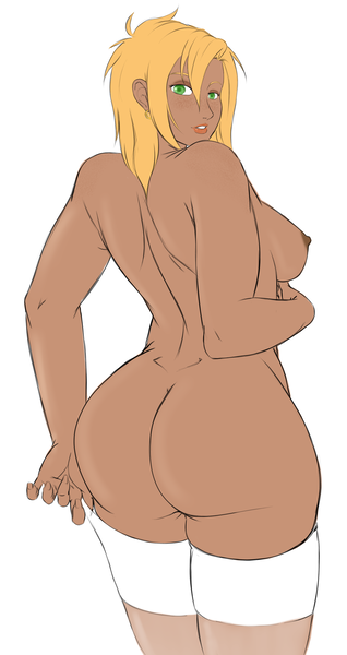 Size: 1581x2986 | Tagged: artist:eve-ashgrove, big backintosh, big macintosh, breasts, clothes, dark skin, derpibooru import, female, freckles, human, humanized, large butt, macareina, makeup, nipples, nudity, questionable, rule 63, solo, solo female, stockings, thigh highs