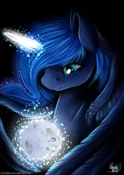 Size: 1024x1448 | Tagged: safe, artist:julunis14, derpibooru import, princess luna, alicorn, pony, feather, female, full moon, glowing horn, macro, magic, mare, moon, solo, tangible heavenly object