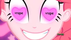 Size: 1366x768 | Tagged: semi-grimdark, suggestive, derpibooru import, edit, edited screencap, screencap, pinkie pie, coinky-dink world, eqg summertime shorts, equestria girls, >rape, discovery family logo, exploitable meme, heart eyes, looking at you, meme, pinkie's eyes, rape, wingding eyes