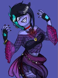 Size: 571x758 | Tagged: alicorn amulet, artist:anonymoustrollf4c3, belly button, blue background, bracelet, choker, clothes, crazy face, derpibooru import, ear piercing, earring, faic, female, fingerless gloves, fishnet clothing, gloves, insanity, jewelry, lipstick, makeup, midriff, nail polish, necklace, oc, oc:moonshine twinkle, piercing, safe, simple background, solo, unofficial characters only