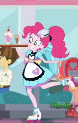 Size: 685x1080 | Tagged: safe, derpibooru import, screencap, frosty orange, pinkie pie, wiz kid, coinky-dink world, eqg summertime shorts, equestria girls, background human, clothes, cropped, drink, hat, roller skates, server pinkie pie, shoes, skirt, smiling